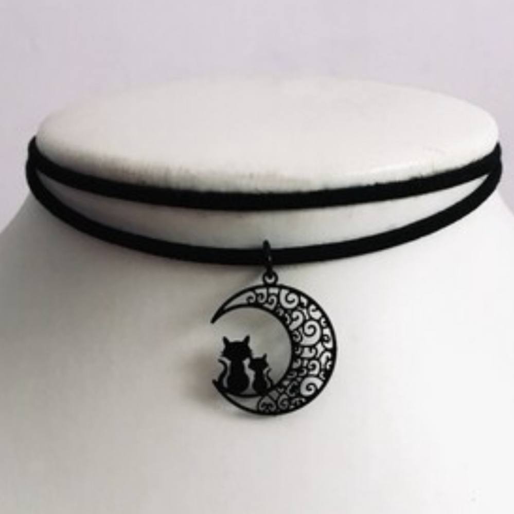 Gothic wrap choker black moon and cat kitten pendant